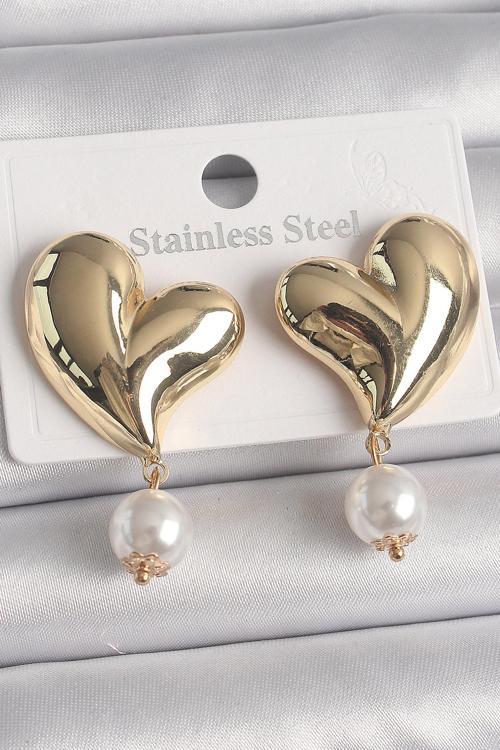 Pirinç Gold Renk Kalp Model Sallantı İnci Detay Kadın Küpe - EBJ250201W30954