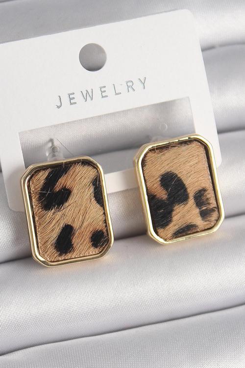 Pirinç Gold Renk Kare Leopar Desen Model Kadın Küpe - EBJ241228W30188