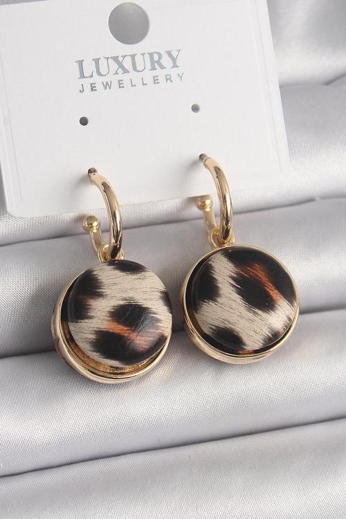 Pirinç Gold Renk Leopar Desenli Daire Model Kadın Küpe - EBJ241228W30179