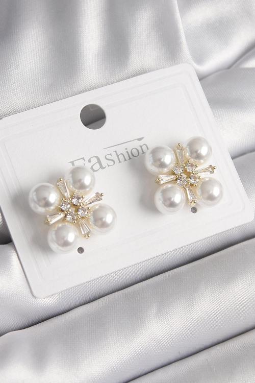 Pirinç Gold Renk Zirkon Taşlı İncili Kadın Küpe - EBJ250113W30469