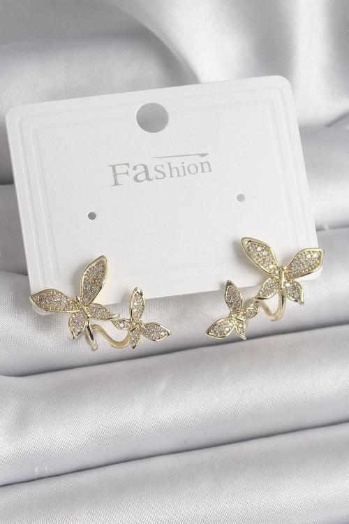 Pirinç Gold Renk Zirkon Taşlı Kelebek Model Kadın Küpe - EBJ241221W30133