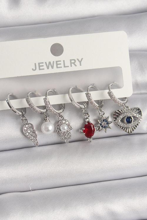 Pirinç Gümüş Renk Sallantı Zirkon Taşlı Fatma Ana El Figür Kadın Küpe Seti - EBJ250201W30990