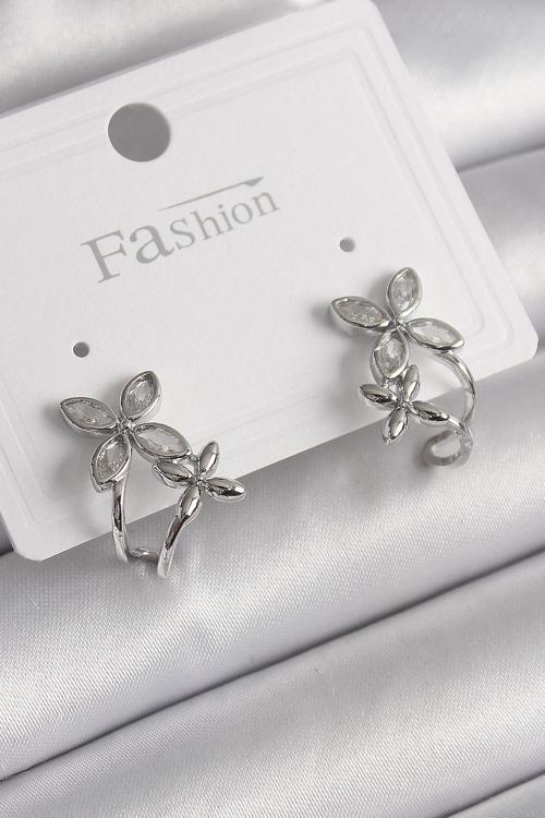 Pirinç Gümüş Renk Zirkon Taşlı 2'Li Çiçek Model Kadın Küpe - EBJ250113W30484