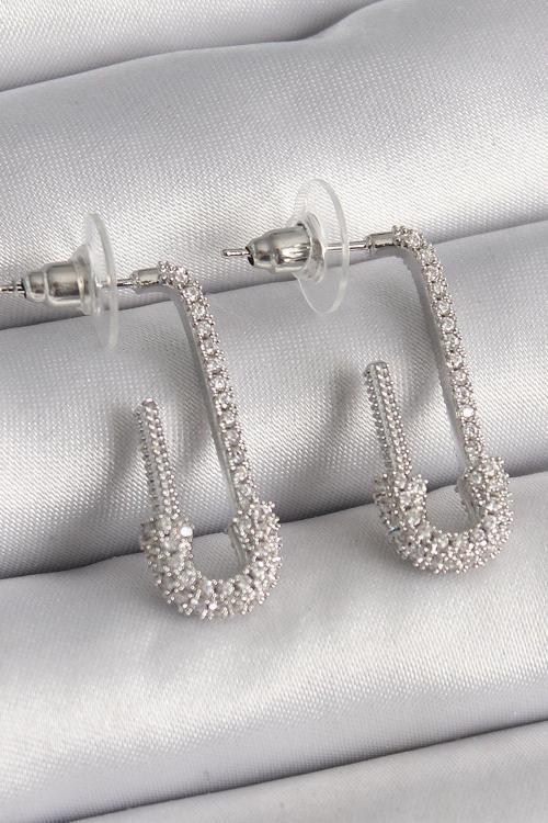 Pirinç Gümüş Renk Zirkon Taşlı Çengelli İğne Model Kadın Küpe - EBJ241228W30239