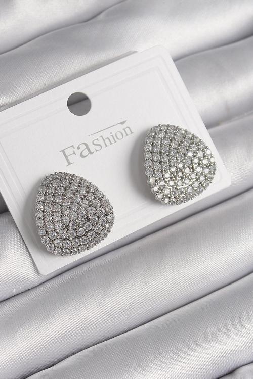 Pirinç Gümüş Renk Zirkon Taşlı Plaka Model Kadın Küpe - EBJ250113W30502