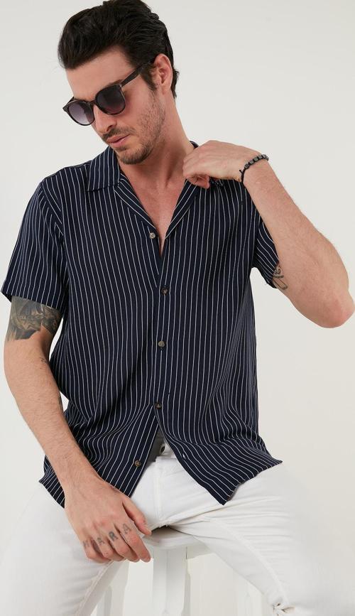 Regular Fit Kısa Kollu Apaş Yaka Desenli Erkek Gömlek CF21S114293 LACİVERT-BEYAZ