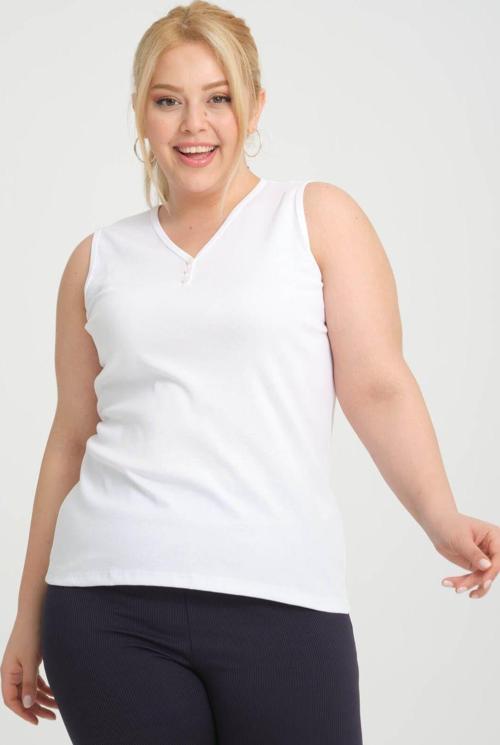 Büyük Beden Kolsuz Kalın Askılı Pamuk Penye V Yaka Beyaz Bluz Atlet