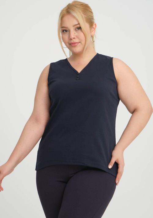 Büyük Beden Kolsuz Kalın Askılı Pamuk Penye V Yaka Lacivert Bluz Atlet