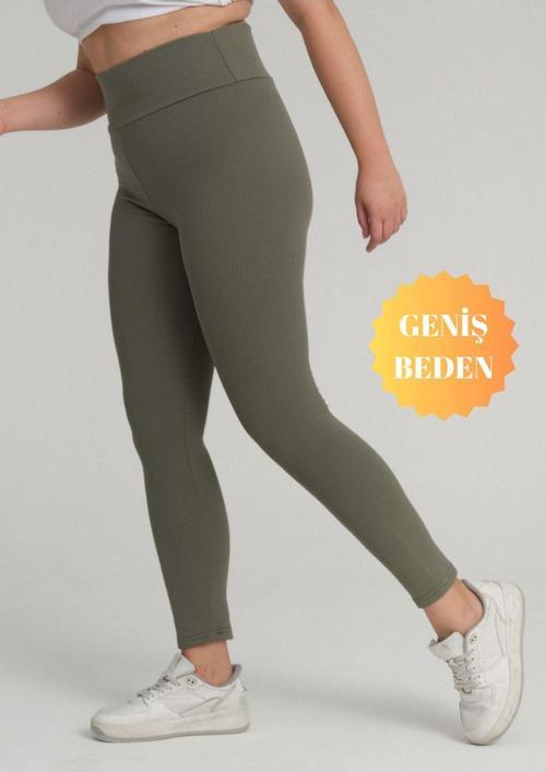 Curve Büyük Beden Fitilli Yüksek Bel Toparlayıcı Haki Tayt