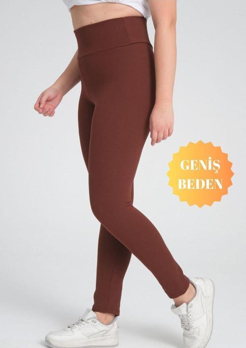 Curve Büyük Beden Fitilli Yüksek Bel Toparlayıcı Kahverengi Tayt