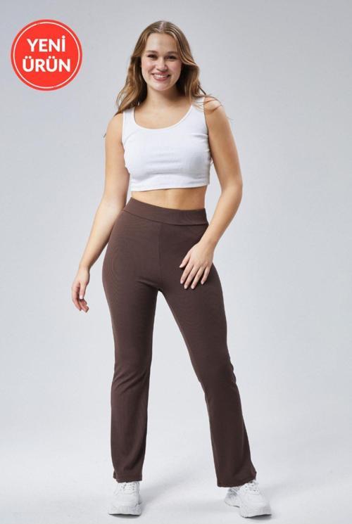 Curve Büyük Beden Fitilli Flare Boru Paça Yüksek Bel Toparlayıcı Kahverengi Tayt Pantolon