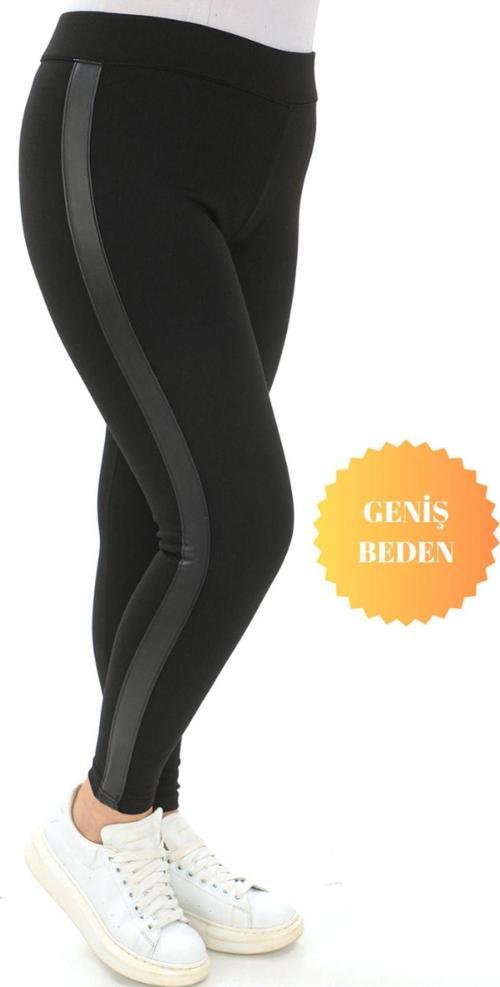 Curve Büyük Beden Toparlayıcı Sıkılastırıcı Deri Şeritli Çelik Örme Siyah Spor Tayt