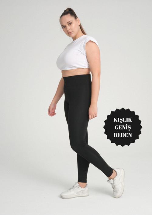 Curve Büyük Beden Örme Şardonlu Polarlı Kışlık Siyah Tayt