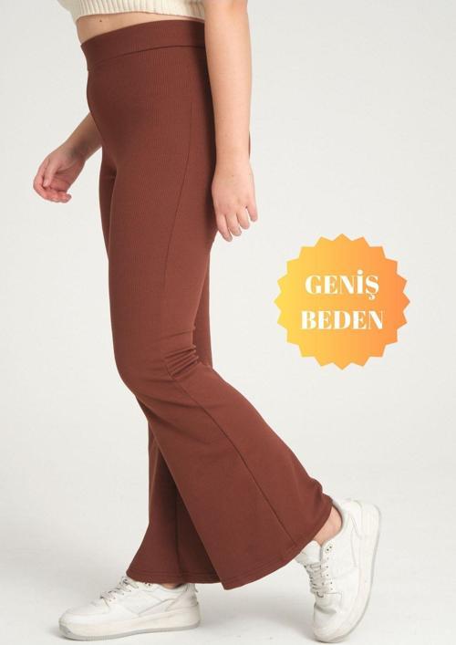 Curve Büyük Beden Fitilli İspanyol Paça Yüksek Bel Toparlayıcı Kahverengi Tayt