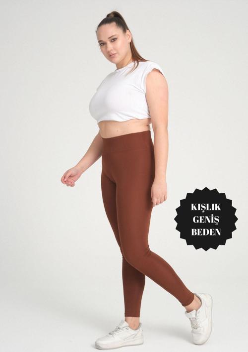 Curve Büyük Beden Örme Şardonlu Polarlı Kışlık Kahverengi Tayt