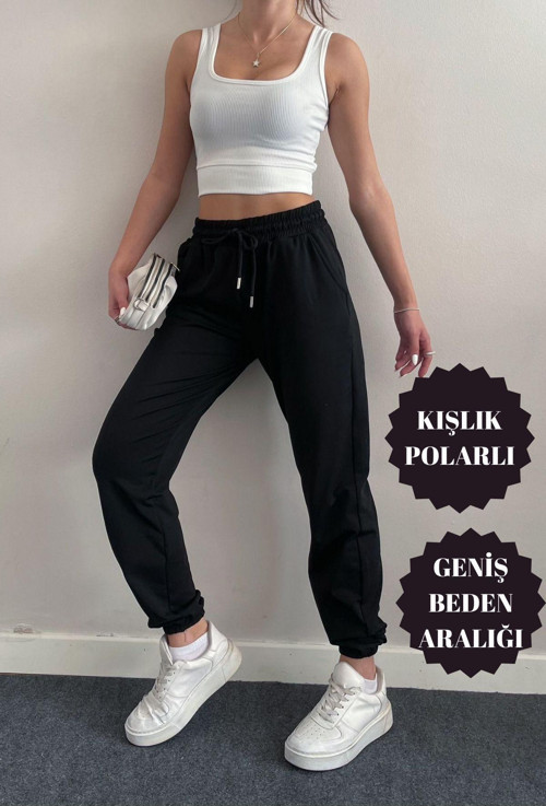 Kadın Dalgıç Kumaş Kışlık Polarlı Jogger Yüksek Bel Cepli Siyah Eşofman Altı