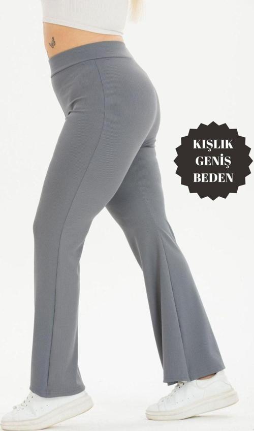 Curve Büyük Beden Fitilli İspanyol Paça Şardonlu Polarlı Yüksek Bel Toparlayıcı Antrasit Tayt