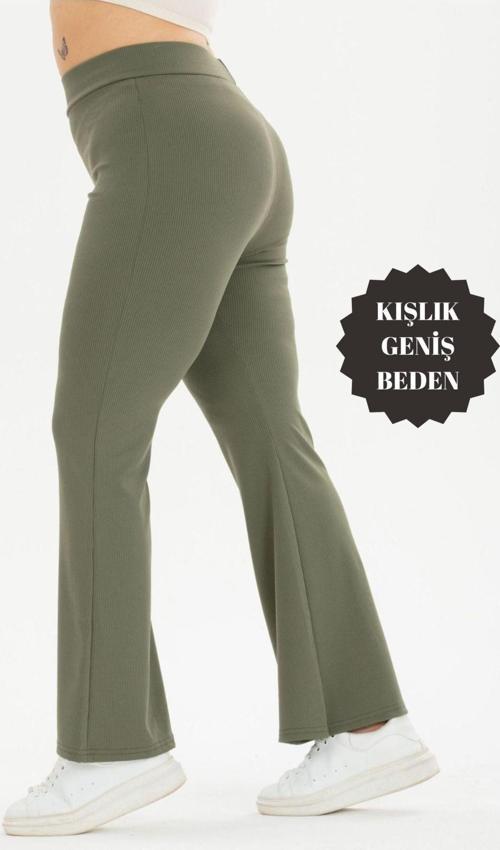 Curve Büyük Beden Fitilli İspanyol Paça Şardonlu Polarlı Yüksek Bel Toparlayıcı Haki Tayt