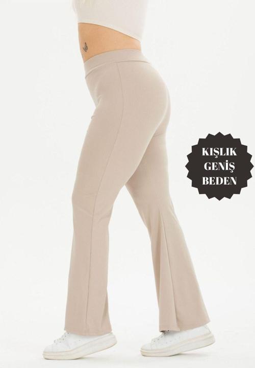 Curve Büyük Beden Fitilli İspanyol Paça Şardonlu Polarlı Yüksek Bel Toparlayıcı Krem Tayt