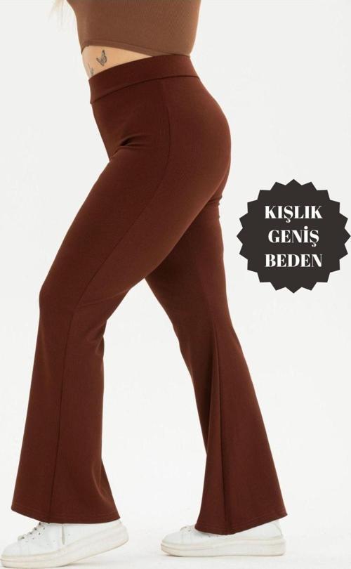 Curve Büyük Beden Fitilli İspanyol Paça Şardonlu Polarlı Yüksek Bel Toparlayıcı Kahverengi Tayt