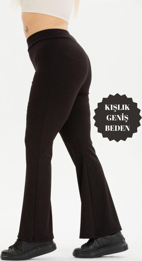 Curve Büyük Beden Fitilli İspanyol Paça Şardonlu Polarlı Yüksek Bel Toparlayıcı Siyah Tayt