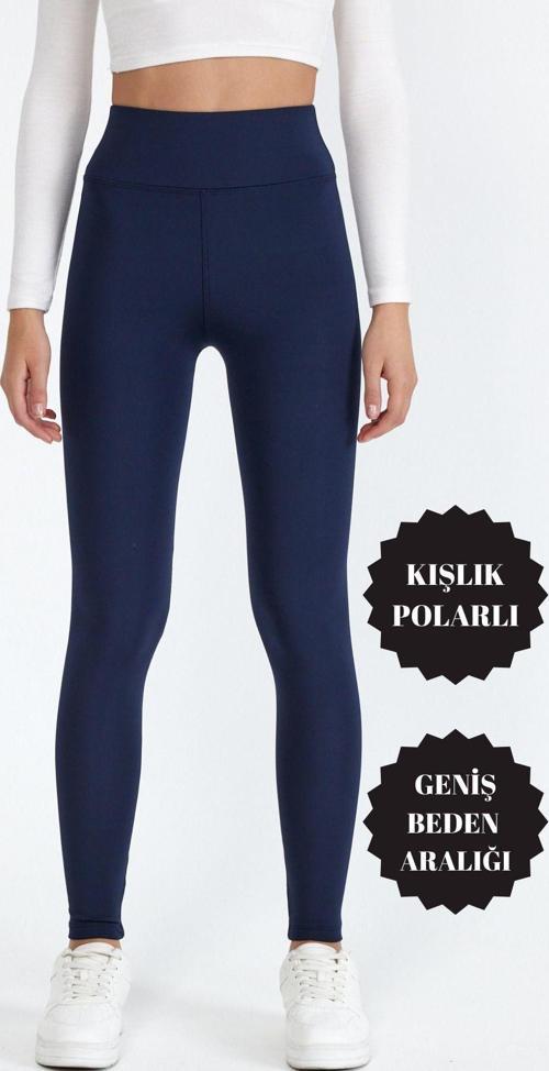 Kadın Yüksek Bel Şardonlu Polarlı Toparlayıcı Sıkılaştırıcı Lacivert Kışlık Tayt