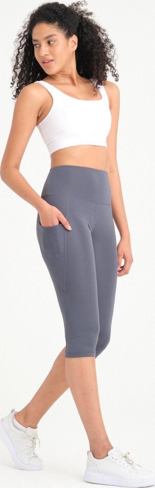Kadın Antrasit Yüksek Bel Toparlayıcı Çift Cepli Diz Altı Kapri Tayt Capri