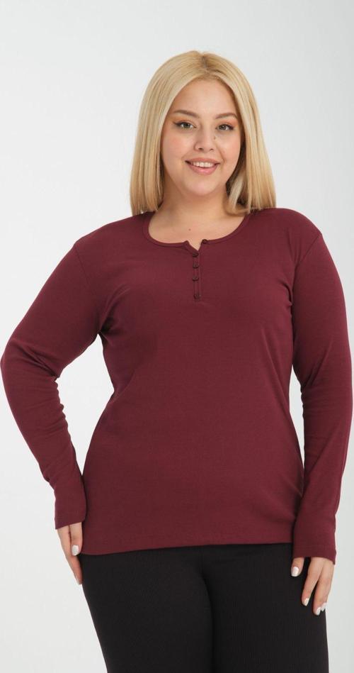 Curve Büyük Beden Pamuklu Likralı Bisiklet Yaka Düğme Detaylı Basic Düz Gül Kurusu Bluz