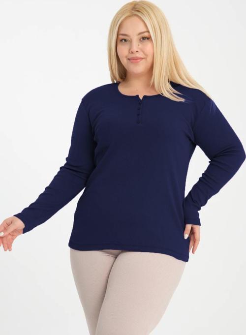 Curve Büyük Beden Pamuklu Likralı Bisiklet Yaka Düğme Detaylı Basic Düz Lacivert Bluz