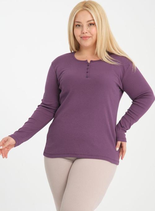 Curve Büyük Beden Pamuklu Likralı Bisiklet Yaka Düğme Detaylı Basic Düz Mor Bluz