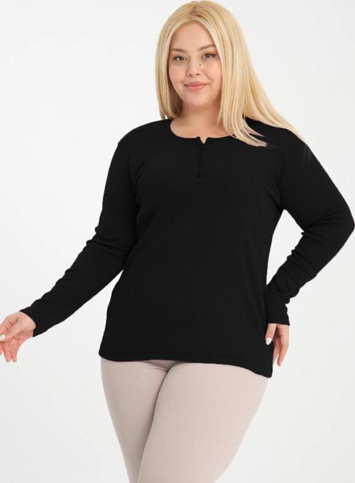 Curve Büyük Beden Pamuklu Likralı Bisiklet Yaka Düğme Detaylı Basic Düz Siyah Bluz