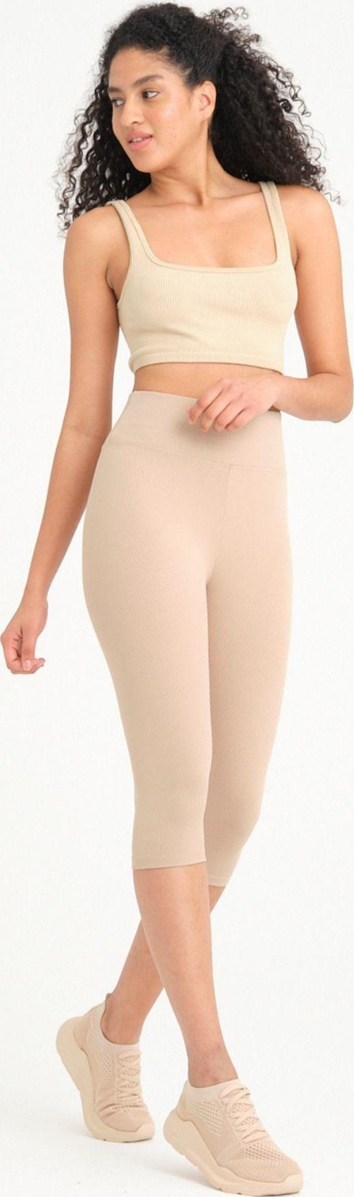 Kadın Krem Fitilli Yüksek Bel Toparlayıcı Diz Altı Kapri Tayt Capri