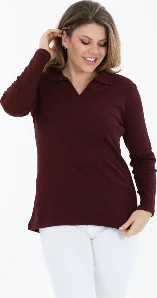 Curve Büyük Beden Pamuklu Likralı V Yaka Basic Düz Uzun Kol Bordo Bluz