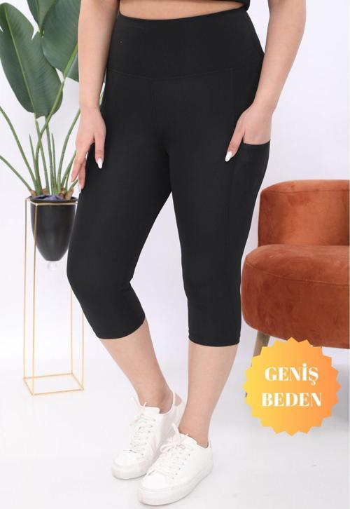 Curve Kadın Büyük Beden Siyah Yüksek Bel Toparlayıcı Çift Cepli Diz Altı Kapri Tayt Capri