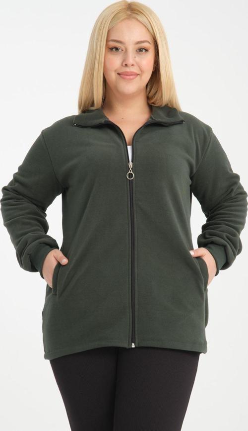 Curve Büyük Beden Haki Fermuarlı Cepli Şardonlu Polar Sweatshirt Hırka