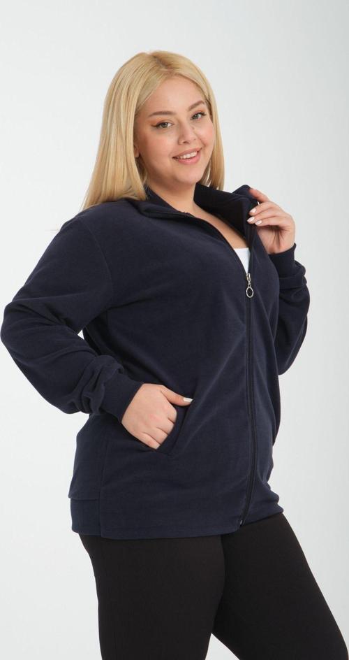 Curve Büyük Beden Lacivert Fermuarlı Cepli Şardonlu Polar Sweatshirt Hırka