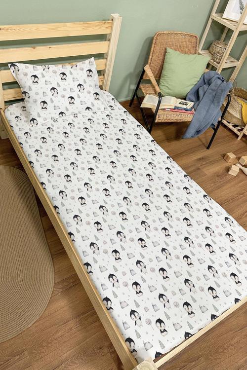 Organik Tek Kişilik Lastikli Çarşaf Seti - Kutup Dostları PenguenlerKuğu Dansı
