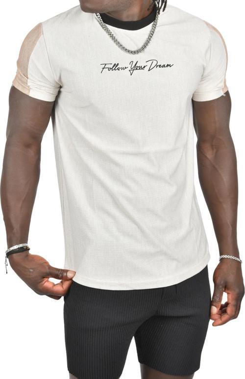 Erkek Krem Nokta Desenli Kolları Şeritli Önü Yazılı Slim Fit Tişört 2403224
