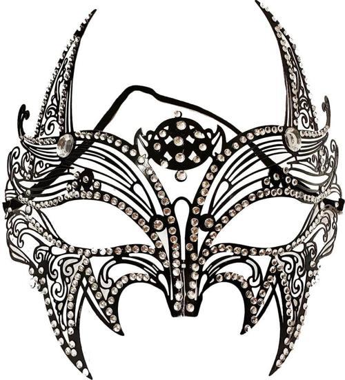 Siyah Renk Lazer Kesim Üzeri Kristal Taşlı Metal Lüks Maske Balo Parti