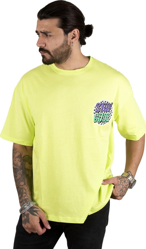 Erkek Yeşil Önü ve Arkası Stay Cool Yazı Baskılı Oversize Tişört 2200508