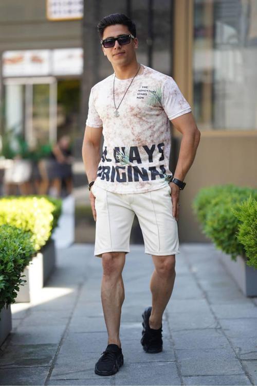 Erkek Bej Önü Yazılı Desenli Batik Yıkama Slim Fit Tişört Şort 2 Li Takım 2403193