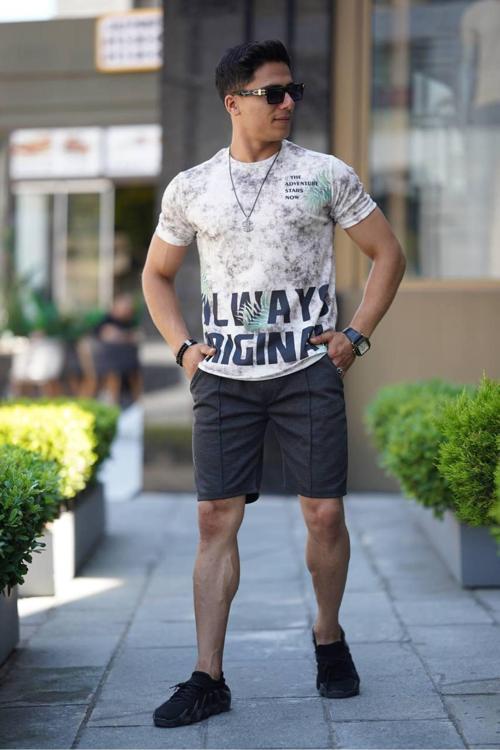 Erkek Füme Önü Yazılı Desenli Batik Yıkama Slim Fit Tişört Şort 2 Li Takım 2403193