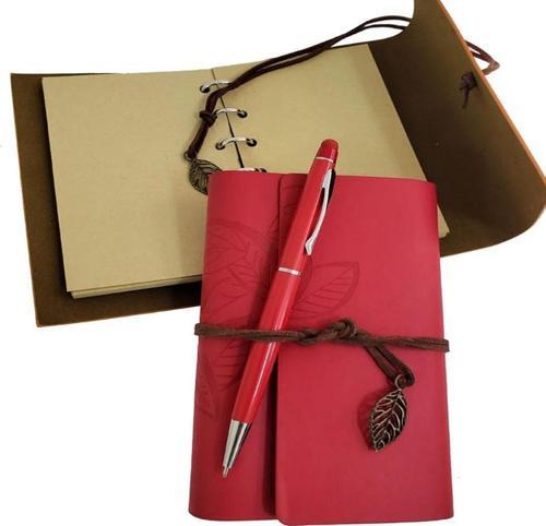 Özel Ahşap Kutulu Kırmızı Deri Defter Ve Kalem Set