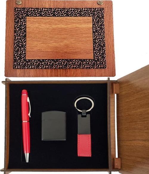 Ahşap Kutulu Kırmızı Kalem Anahtarlık Çakmak Set