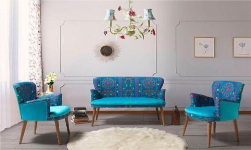 Etnik Desen Çay Seti Koltuk Takımı - Salon - Balkon - Ofis 2+1+1 (Turkuaz)