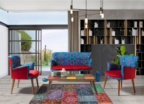 Etnik Desen Kırmızı 2 1 1 Sehpalı Çay Seti (Balkon - Salon - Ofis - Cafe)