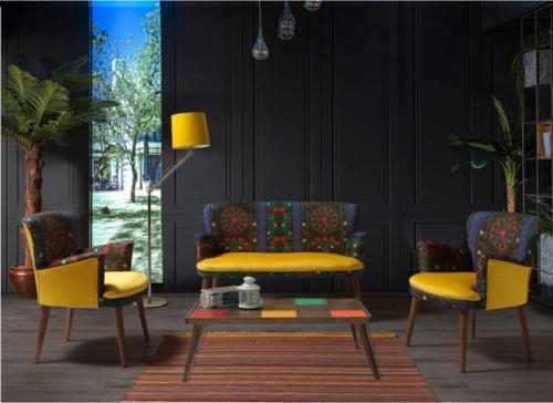 Etnik Desen Sarı 2 1 1 Sehpalı Çay Seti (Balkon - Salon - Ofis - Cafe)