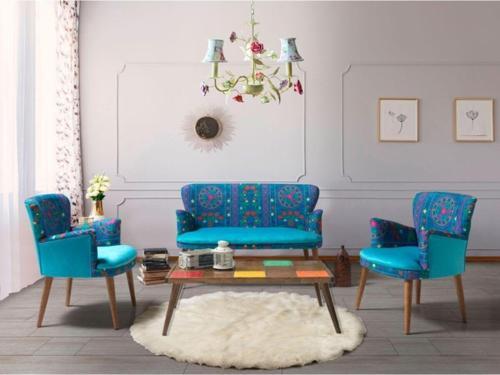 Etnik Desen Turkuaz 2 1 1 Sehpalı Çay Seti (Balkon - Salon - Ofis - Cafe)