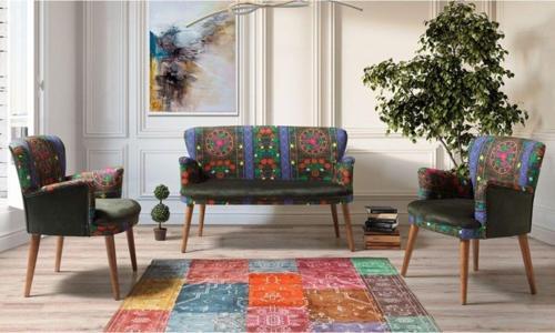 Etnik Desen Yeşil 2 1 1 Çay Seti - Oturma Grubu - Gürgen Iskelet Bahçe Seti (Balkon - Salon - Ofis - Cafe)