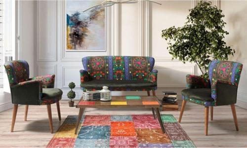 Etnik Desen Yeşil 2 1 1 Sehpalı Çay Seti (Balkon - Salon - Ofis - Cafe)